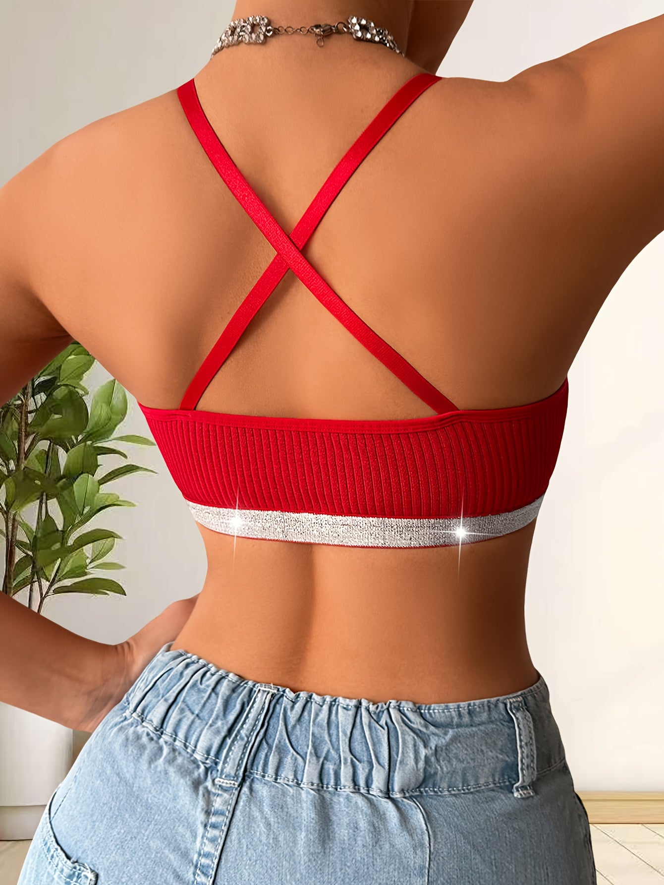 Women's vest with fashionable hollow out design, Silvery panel splicing, beautiful back cross strap, sexy mature charm, comfortable, soft and breathable Women's underwear and underwear